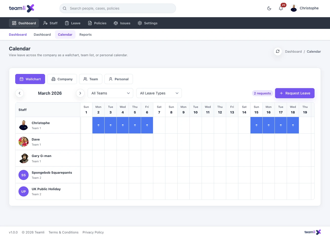 Leave calendar & approval queue